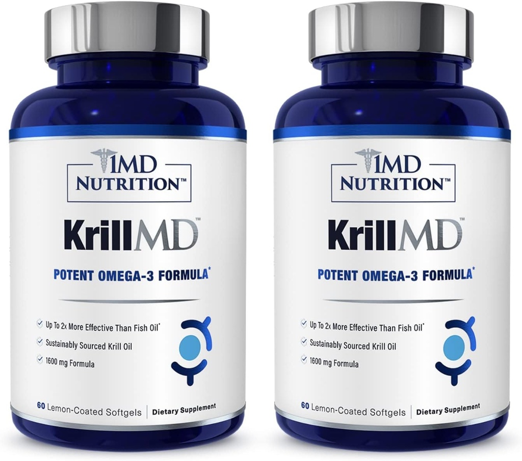 1MD Nutrición KrillMD - Antártico Krill Oil Omega 3 Suplemento con Astaxanthin, EPA, DHA Silencio 2X Más Eficaz Que el Aceite de Pescado TEN 60 Softgels (2-Pack)