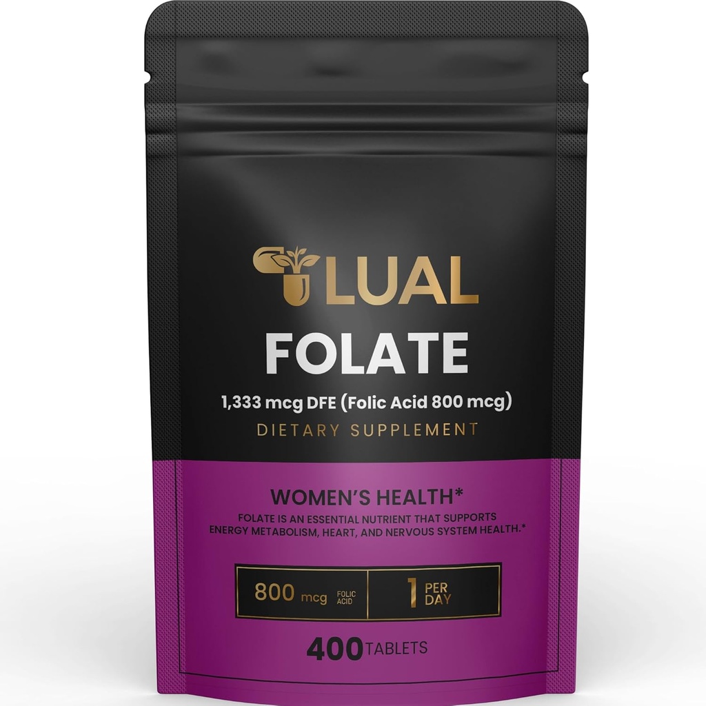 Suplemento de Folato LUAL para Mujeres Embarazo ANTE Acido Folico para Mujer Embarazada Folate Suplemento dietético 1.333 mcg DFE (Acido Alilico 800 mcg) 400 Conde