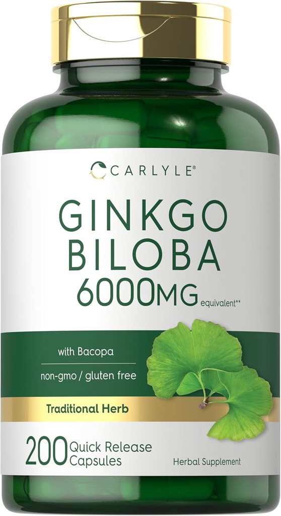 Carlyle Ginkgo Biloba Pills | 6000mg | 200 Capsules | with Bacoba Extract | Extra Strength, Non-GMO and Gluten Free Herbal Supplement