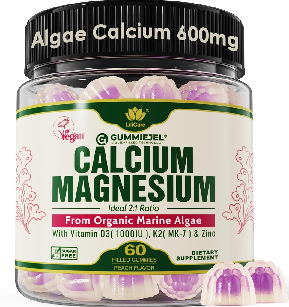 Calcio con base vegetal Gummies 600mg con vitamina D3 K2, Magnesio, Zinc for Bone Strength, Suplementos de Calcio Libre de Azúcar para Hombres (Certificado Vegan) de Algas Rojas orgánicas sostenibles - 60 Condes