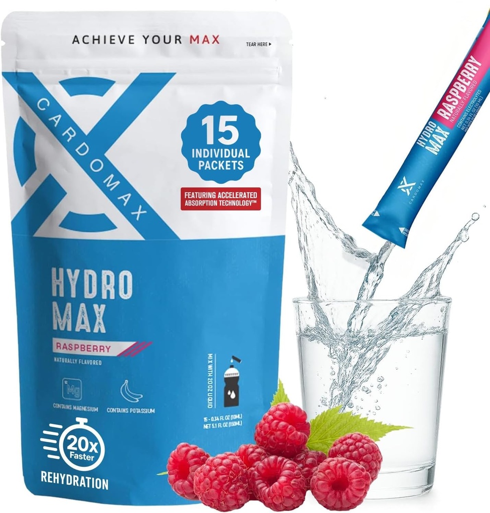 Hydromax Electrolyte Drink Mix – Raspberry 15 Liquid Packets with Potassium &amp; Magnesium – Zero Sugar, Keto & Vegan Electrolytes for Rapid Hydration &amp; Recovery Supplement