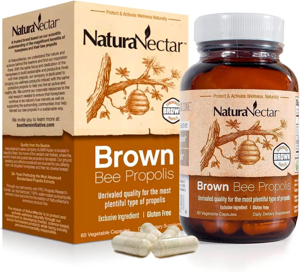 NaturaNectar - Brown Bee Propolis - NSF Contents Certified - Premium Brasileño Propolis - Suplemento sin gluten con Flavonoids, FLAV-B y PWE - Naturalmente Fuentedo a través de la apicultura ética (60pcs.)
