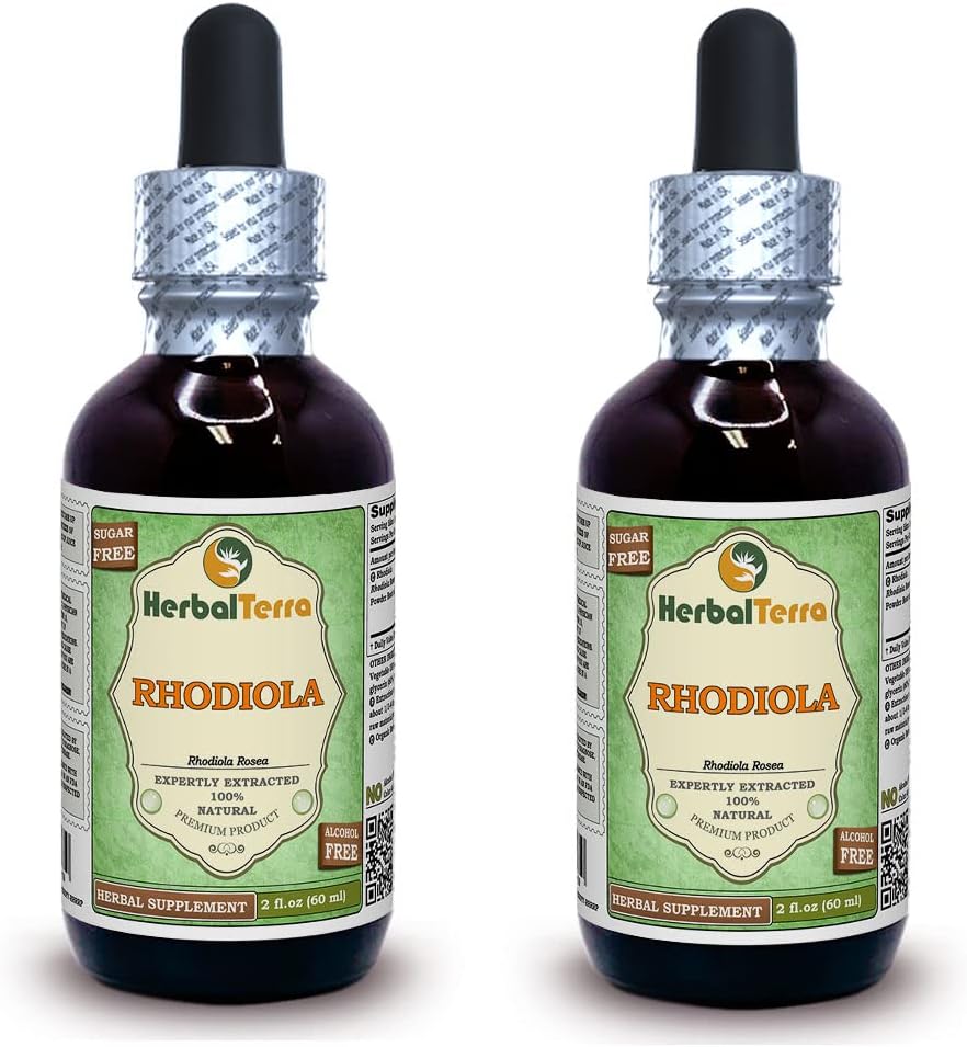 Rhodiola (Rhodiola Rosea) Glycerite, Orgánica de raíces secas Extracto líquido libre de alcohol (Marca: HerbalTerra, Proudly Made in USA) 2x2 fl.oz (2x60 ml)