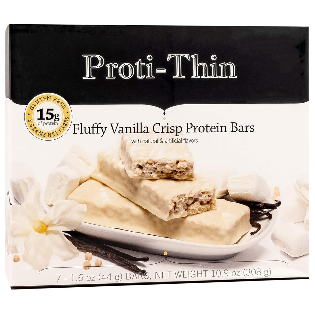 Proti-Thin Fluffy Vanilla Crisp Protein Bars, 15g Protein, Low Calorie, Very Low Carb (VLC), Low Fat, High Fiber Snack Bar, KETO Diet Friendly, Ideal Protein Compatible, No Gluten Ingredients, 7 /Box