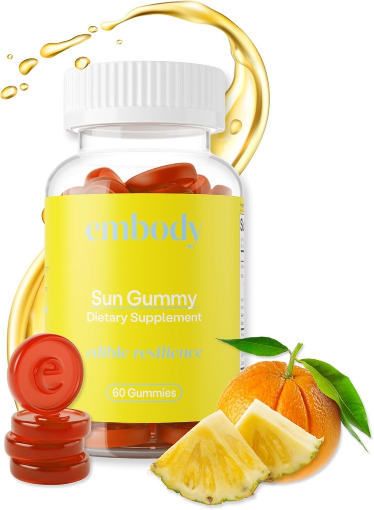 Embody Antioxidant Sun Gummy, Orange Pineapple Flavor, Fern Extract Supplement for Anti-Aging, Dark Spots, Healthy Skin - Promotes Collagen Production, Vitamina C, Selenium (60 Count, Orange Pineapple)