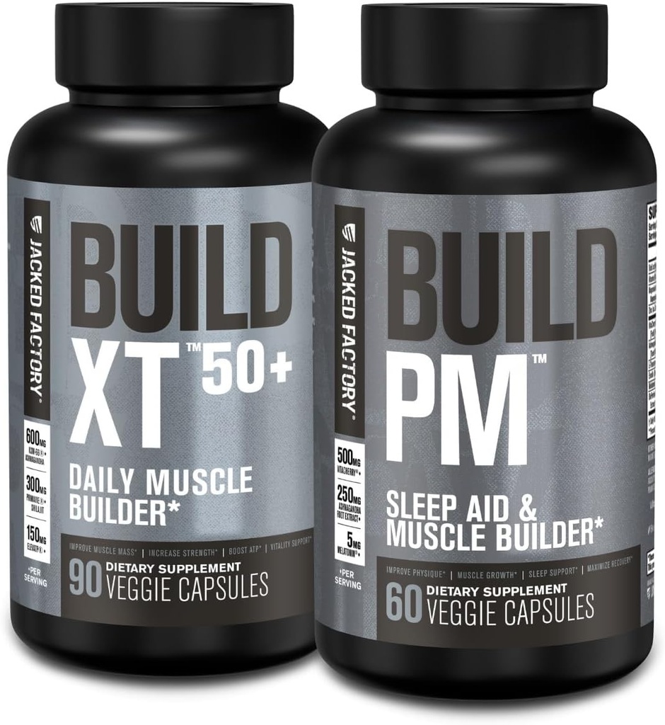 Jacked Factory Build-XT 50+ Daily Muscle Builder (90 Capsules) & Build PM Night Time Muscle Builder & Sleep Aid (60 Capsules) for Muscle Growth, Vitality, & Recovery