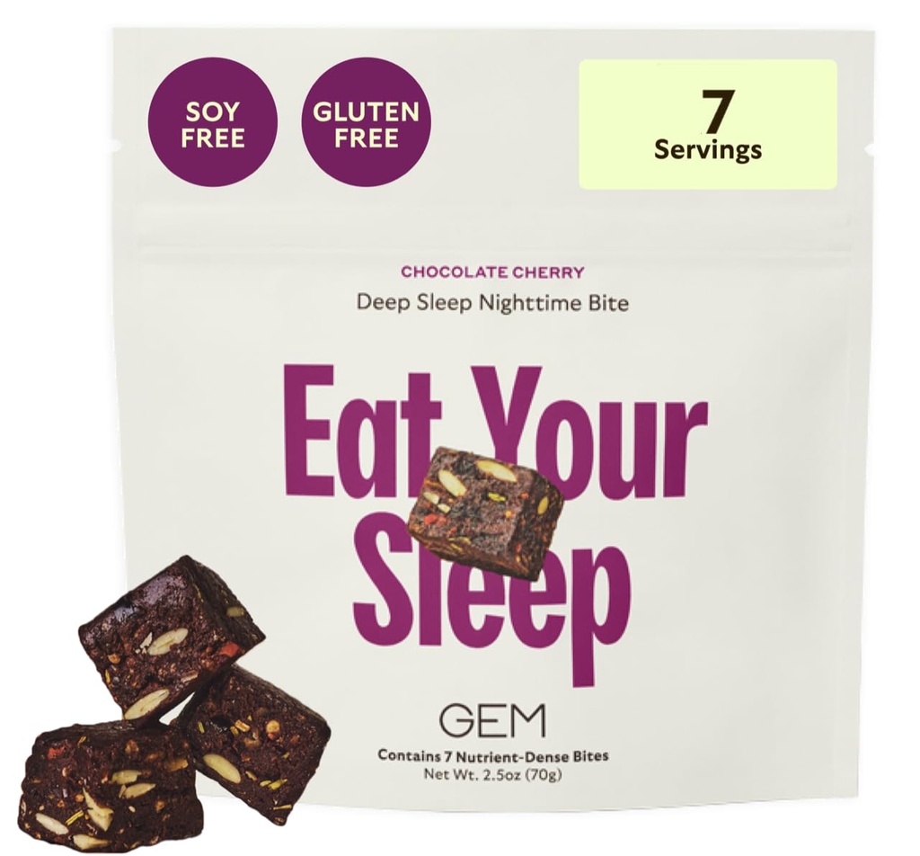 GEM Sleep Aid, Nighttime Bite, 7 Pack, Melatonin Free, L-Theanine, Magnesium, Valerian Root Extract ← Vegan y Gluten Gratis ← Earthy Chocolate Cherry, tamaño de prueba