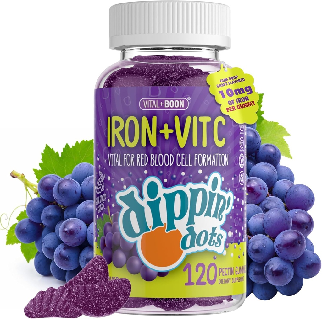 Hierro con vitamina C &amp; B12 Gummies (120 Conde) Vital para la formación de células rojas de sangre ¦ Gum Drop Grape Real Pectin Fruit Chew Suplementos ANTE Vegan, No GMO, Gluten Free &amp; Gelatin Free