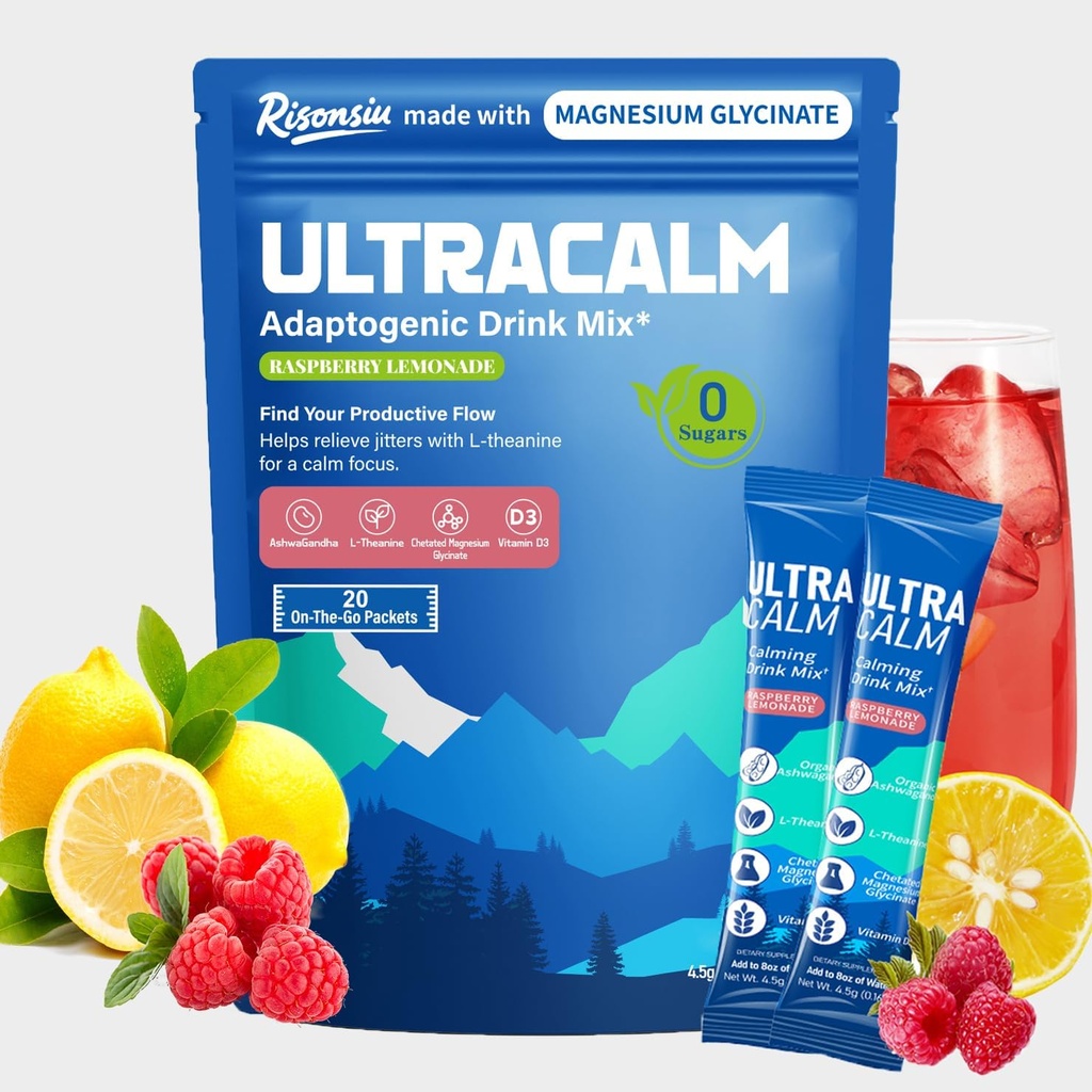 Bebida UltraCalm Super Cortisol con Glycinate de Magnesio, Ashwagandha, L-Theanine, Vitamina D3, Polvo de Magnesio para el alivio del estrés del sueño, limonada de frambuesa (20 Servings)