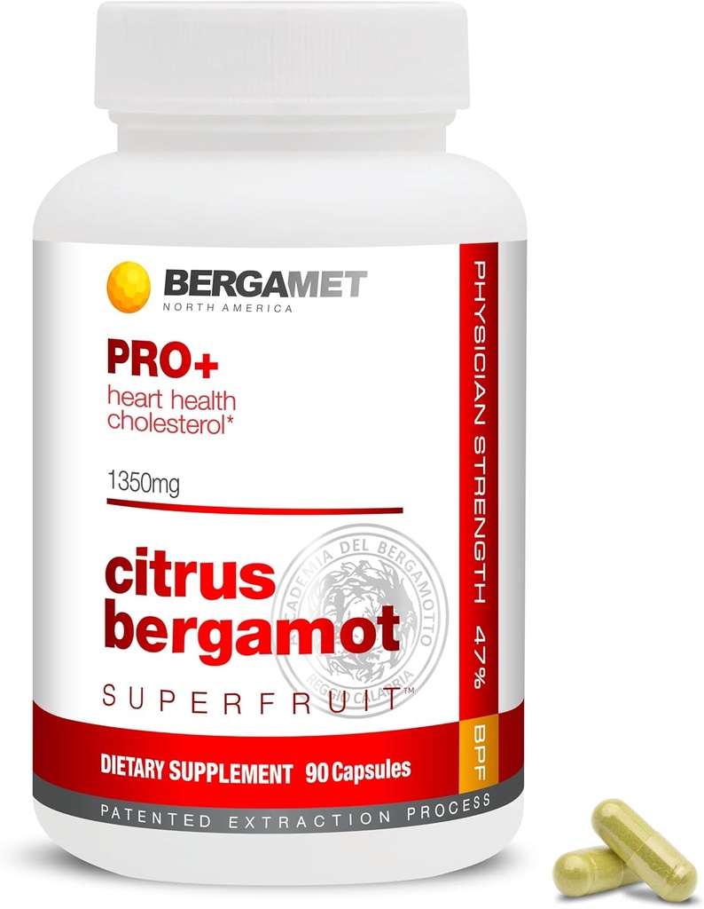 BergaMet Citrus Bergamot SuperFruit PRO+ Supplement, 200:1 Extract, 1350mg, 80% Polyphenols, Olive Leaf Extract, 47% BPF, World's Strongest, 90 Capsules, Backed by Clinical Studies, Made in The USA