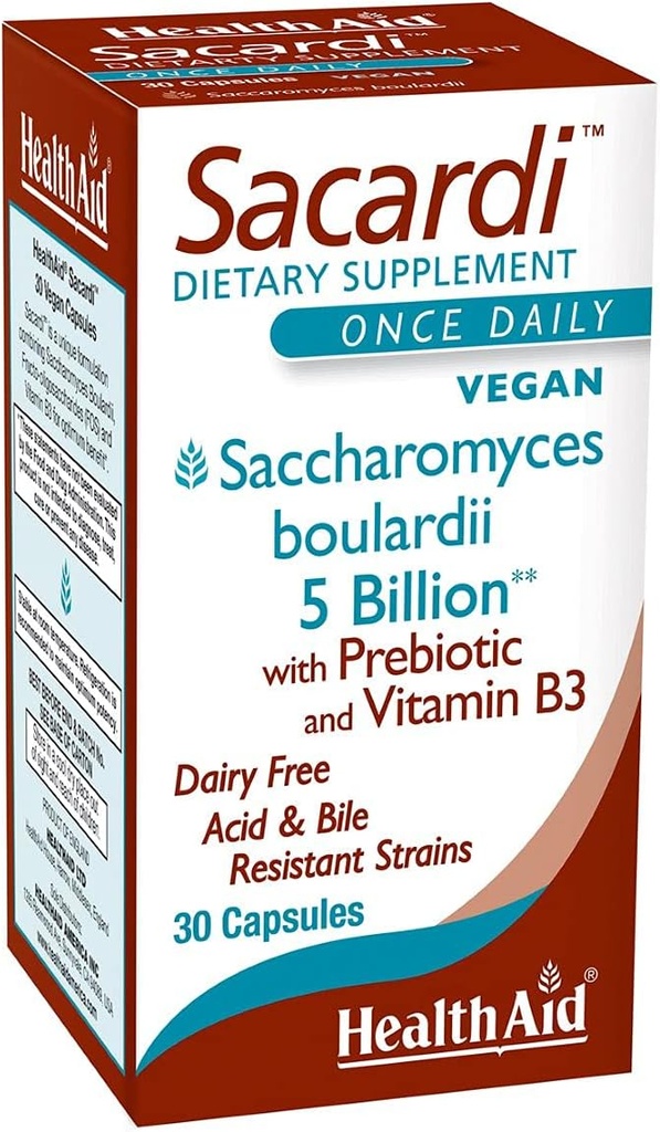 Sacardi Saccharomyces Boulardii – Una vez al día con la vitamina B3 " FOS TENIDO 5 billón CFU ANTE 30 tabletas Vegan ANTERIOR libre de lácteos " Acid-Resistente