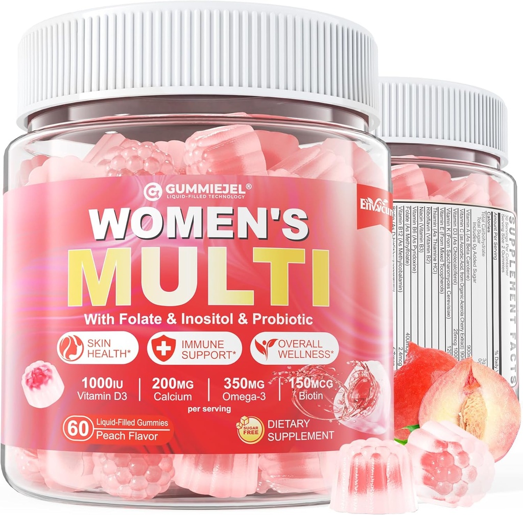 Sugar-Free Women's Multivitamin Gummies - Women Methylated Multivitamin Filled Gummies with Omega-3, Enzymes & Antioxidant Blend to Support Overall Health, Immunity, Hair, Nails & Skin Health - 60 ct