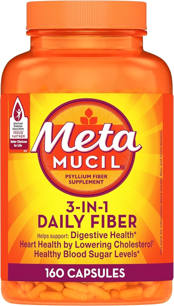 Metamucil, Psyllium Husk Capsules, 160 cápsulas, 3 en-1 Fiber Suplemento, Daily Psyllium Husk Fiber Capsules Ayuda Apoyo Digestive Health by Promoting Regularity*, Ayuda Suplemento Daily Fiber Intake