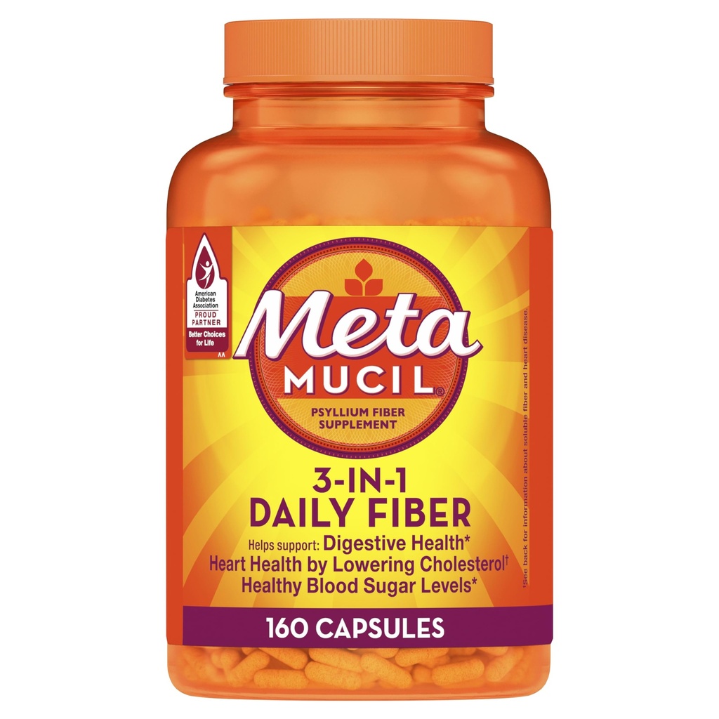 Metamucil, Psyllium Husk Capsules, 160 cápsulas, 3 en-1 Fiber Suplemento, Daily Psyllium Husk Fiber Capsules Ayuda Apoyo Digestive Health by Promoting Regularity*, Ayuda Suplemento Daily Fiber Intake
