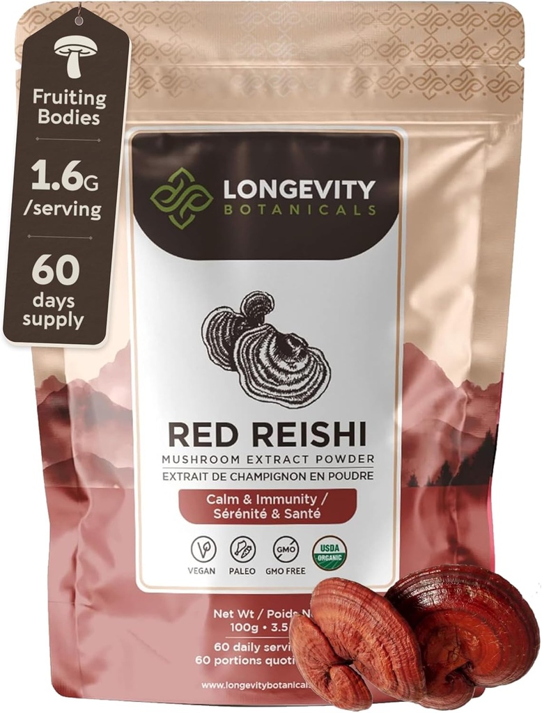 Longevity Botanicals Orgánica Reishi Mushroom Extract Powder 100g TEN Concentrated 10:1 Ratio TEN 100% Fruiting Bodies TEN Lingzhi (Ganoderma lucidum) Suplemento Natural para Immune, Stress & Sleep Support