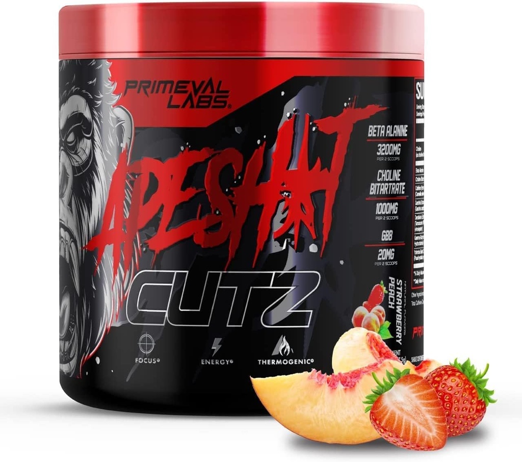 Primeval Labs Ape Cutz Pre Workout Powder ← Científicamente Formulado  Aumento del rendimiento con Beta Alanine ← Post Workout Drink & Energy Booster 50 Servings Strawberry Peach