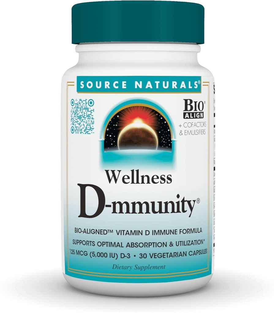 Fuente Natural Wellness D-mmunity, Bio-Alineación Vitamina D Immune Formula, apoya la absorción óptima y la utilización*, 125 mcg (5.000 UI) D-3-30 Vegetarian Capsules