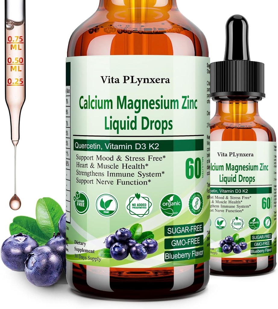 Citrato de magnesio de calcio con vitamina D3 K2, B6, Omega-3, gotas de calcio líquido de alta potencia w. Suplemento herbal para el hueso, músculo, relajación, sueño, nerviosismo