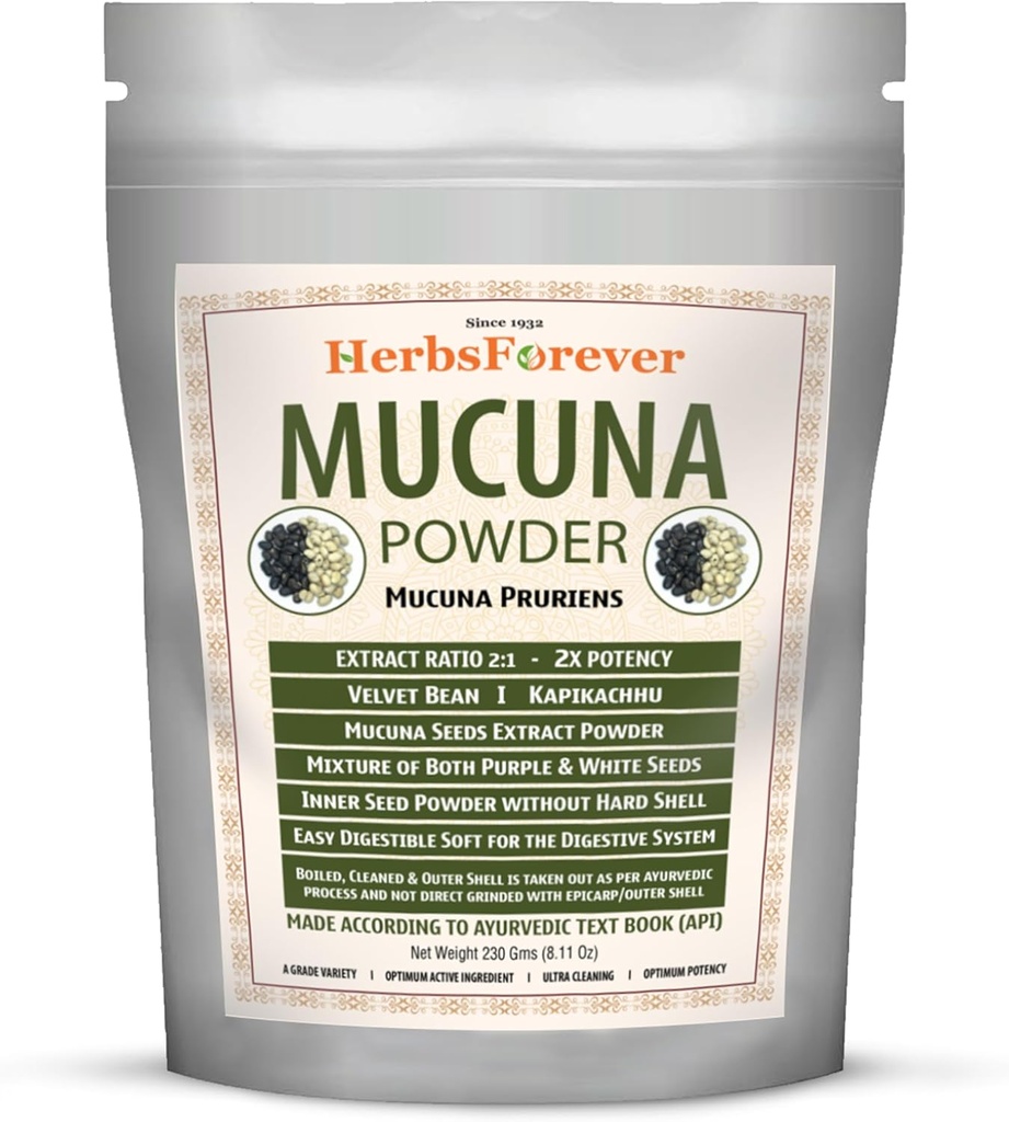 Herbsforever Mucuna Pruriens Seed Powder 2X Potency Extract (2:1) Ø Purple &amp; Yellow Seeds Blend, Velvet Bean, Non-GMO, Vegan, 230g ← Apoya Energía, Vitalidad y Bienestar general