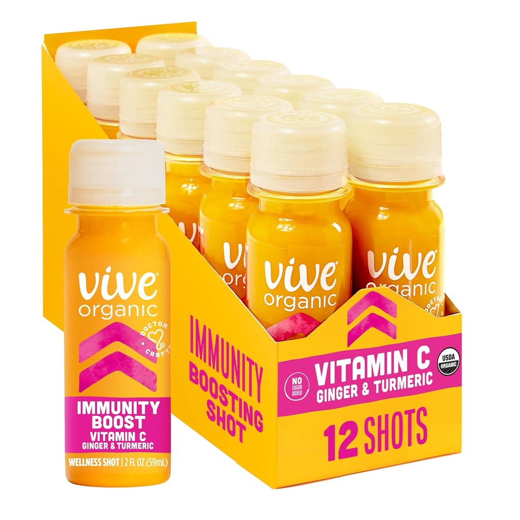 Vive Vitamina Orgánica C + Zapato de Apoyo Inmunitario, Turmérica de Presión Cold, Ginger &amp; Acerola Cherry, Gluten Free, Vegan, Immunity Boost Vitamin C, 2 Fl Oz (Pack of 12)