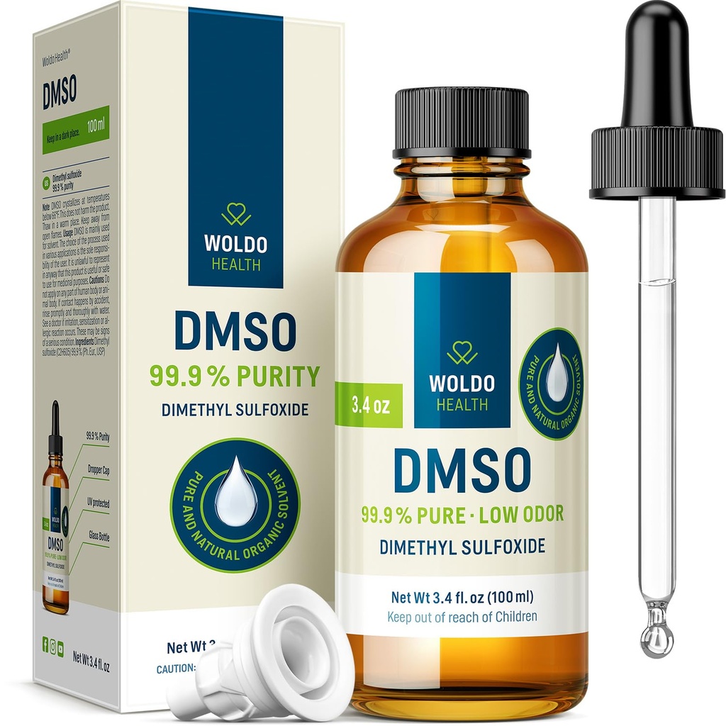 WoldoHealth DMSO 99.9% Grado Farmacéutico - FT-IR Verified Dimethyl Sulfoxide, Low Odor Solvent in Glass Bottle with Precision Dropper (3.38 oz)