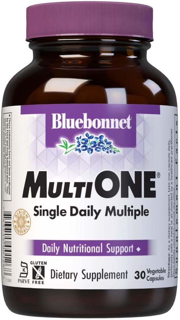 Bluebonnet Nutrition Mult One (con Hierro), Daily Nutritional Support*, Vegetarian Friendly, Kosher Certified, Gluten-Free, Dairy-Free, 30 Vegetable Capsules, 30 Servidores