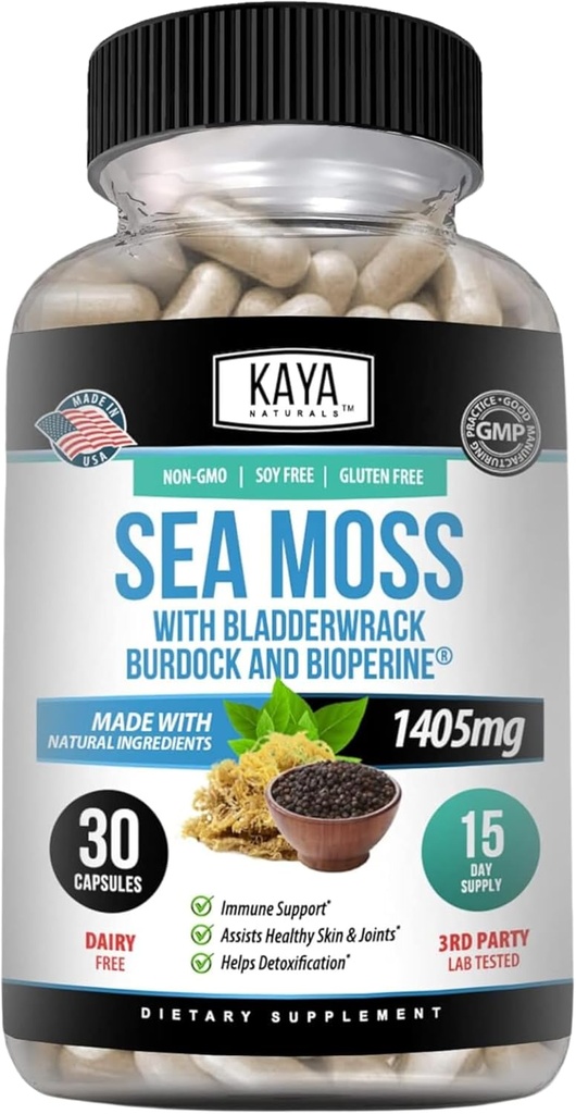 Kaya Naturals Sea Moss - Mobility Supplement for Men and Women - with Burdock Root, Irish Moss, Bladderwrack y BioPerine - for Mobility Health and Immune Boost, 30 Count