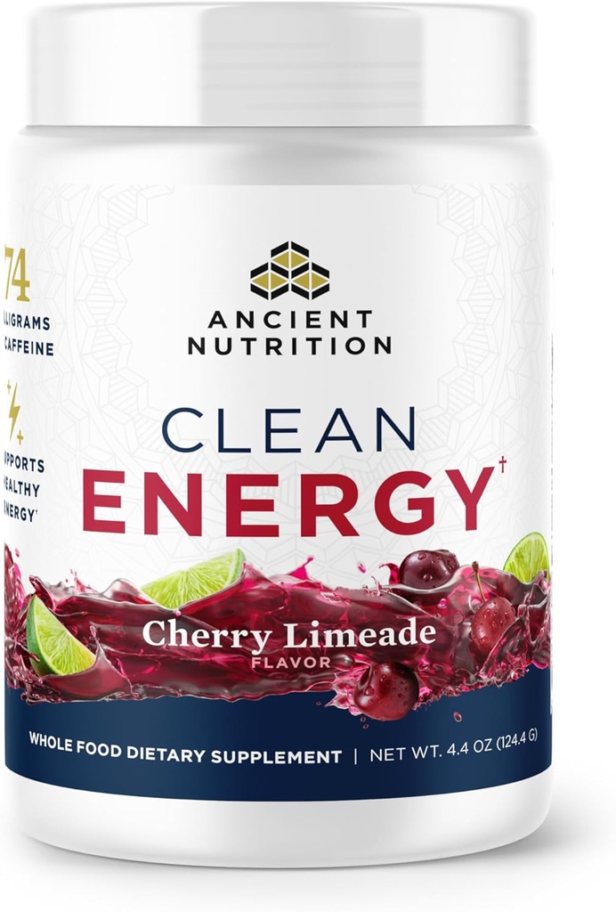 Ancient Nutrition Clean Energy Powder, Cherry Limeade, Supports Healthy Energy and Cognitive Health, Promotes Mental Alertness and Focus, 30 Servings