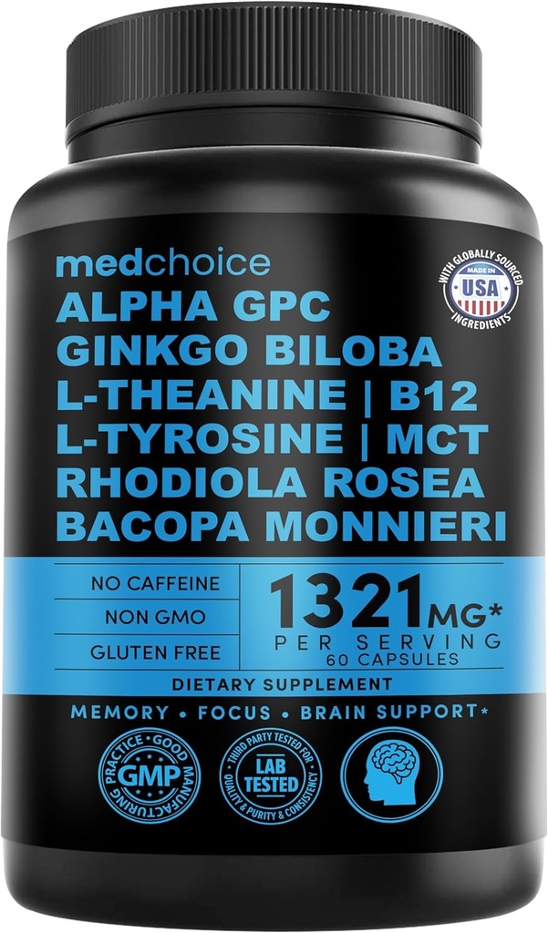 12-en-1 Ginkgo Nootropic Biloba para Apoyo al Cerebro, Memoria y Focus - B12, Alpha GPC, L Theanine y Suplementos de Choline con Bioperina No Caffeinated 1321mg (60ct)