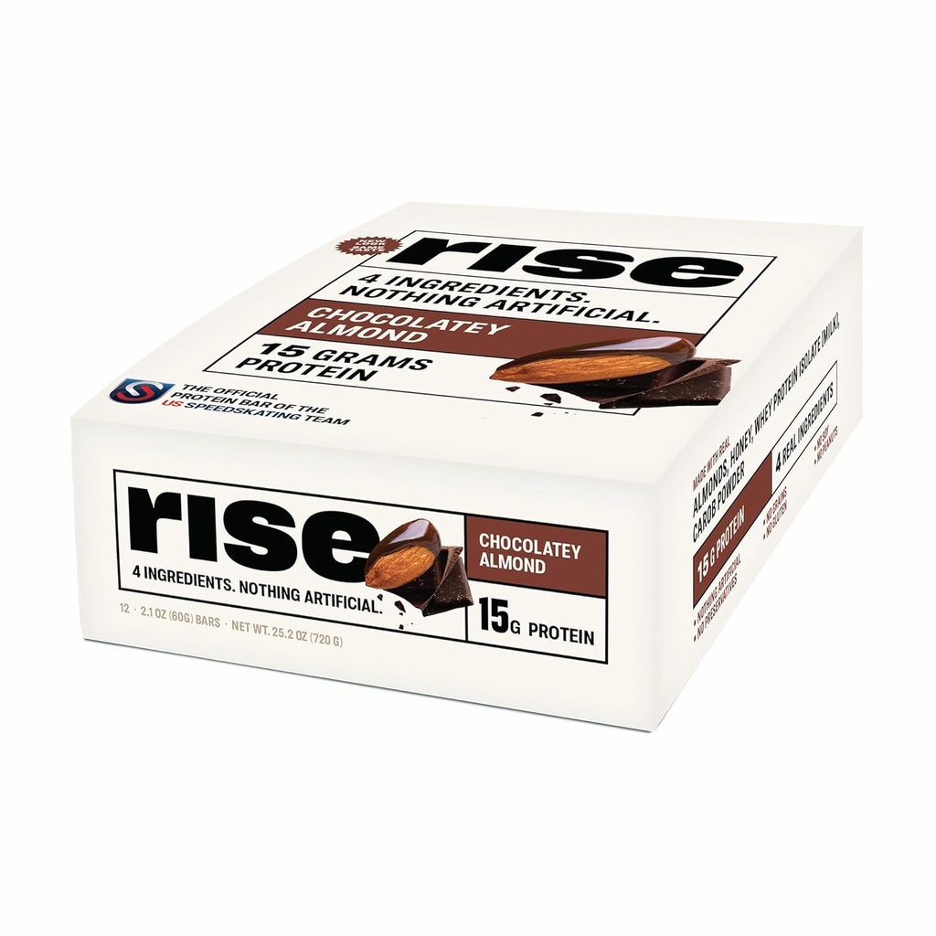 Rise Whey Protein Bares - Chocolatey Almond ← Desayuno Bar & Protein Snack 15g Protein 5g Fiber Just 4 Whole Food Ingredients Gluten-Free Soy Free
