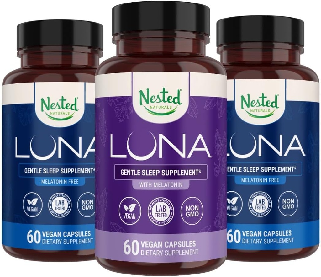 Nested Naturals Luna Melatonin-Free (120 Vegan Capsules) & Luna Natural Sleep Aid with Melatonin (60 Vegan Capsules) for Deep Sleep | Non-Habit Forming
