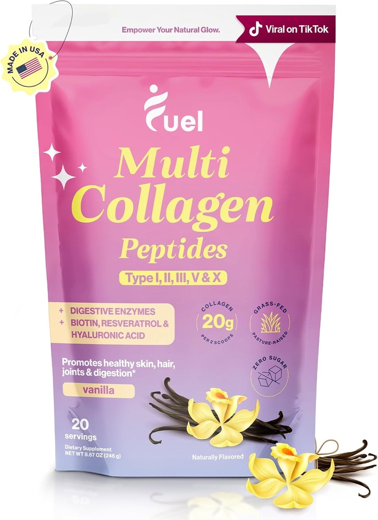 Péptidos multi colágeno de combustible Polvo – 20g Collagen hidrolizado I, II, III, V &amp; X para el cabello, piel, uñas &amp; soporte conjunto – mejor absorción – Keto & Gluten Free, French Vanila 8.67oz