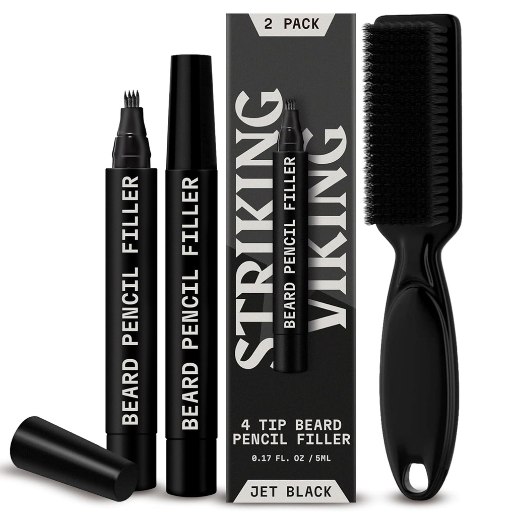 Striking Viking Beard Pencil Filler for Hombre - Pack of 2, Jet Black - Waterproof Long-Lasting Beard Pen - 4-Pronged Tip for Gap Repair & Barber Pencil - Soft Bristle Brush &amp; Pen Filler