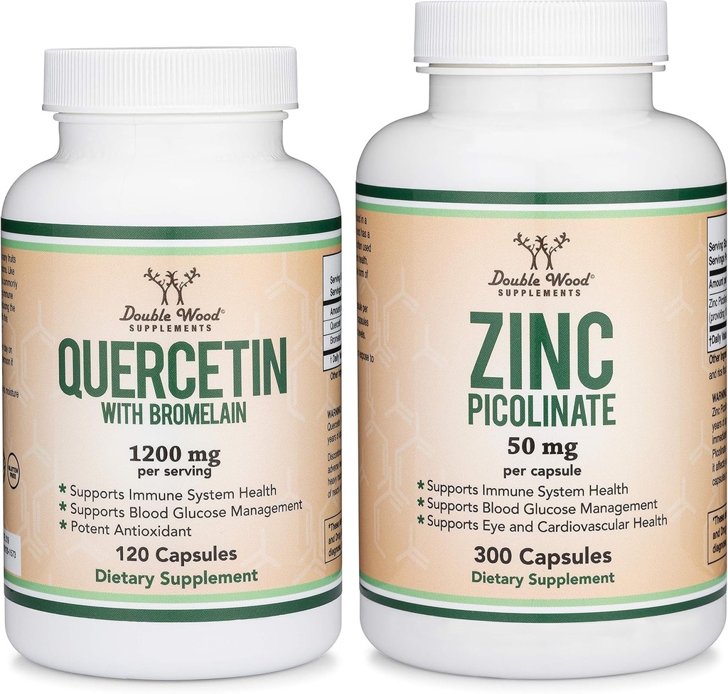 Double Wood Supplements Quercetin and Zinc Bundle - Support Immune System Health (120 Count Quercetin y 300 Count Zinc)
