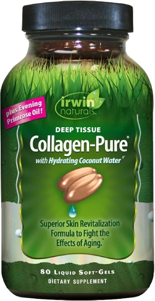 Irwin Naturals Deep Tissue Collagen-Pure - 80 Liquid Softgels - Superior Skin Revitalization to Fight The Effects of Aging - Incluye Hidrating Coconut Water & Evening Primrose Oil