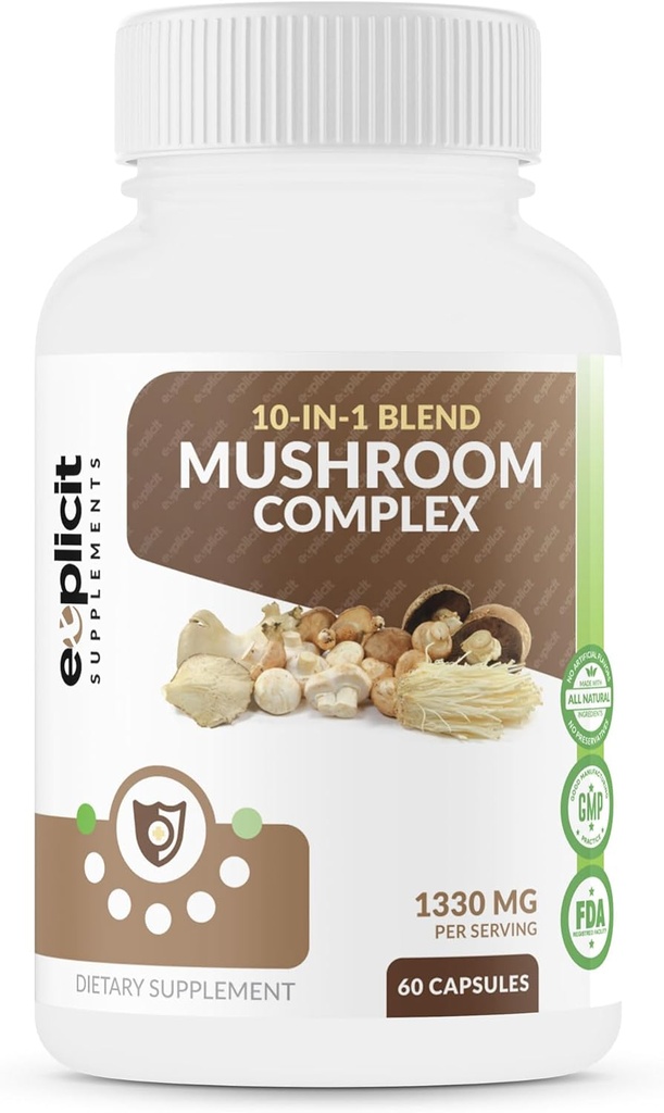 Suplemento completo de setas con 10 extractos de setas " , Cordyceps, Reishi, Shiitake, Lions Mane, Maitake, Turquía Tail, Chaga, Royal Sun, White Button, Black Fungus Mushroom) - 60 caps