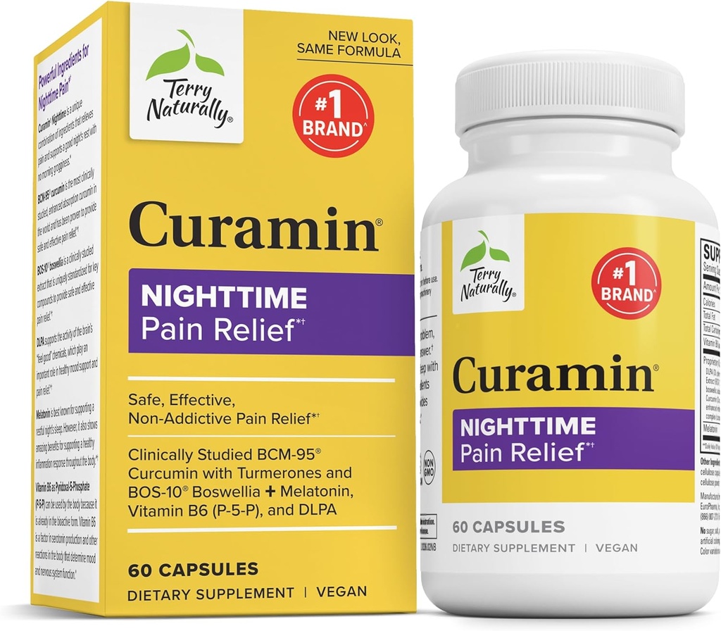 Terry Naturalmente Curamin Nighttime - Curcumin &amp; DLPA Capsule Supplement - Non-GMO Supplement to Support Healthy Sleep & Relaxation - Herbal Supplement with Melatonin - 60 Capsules