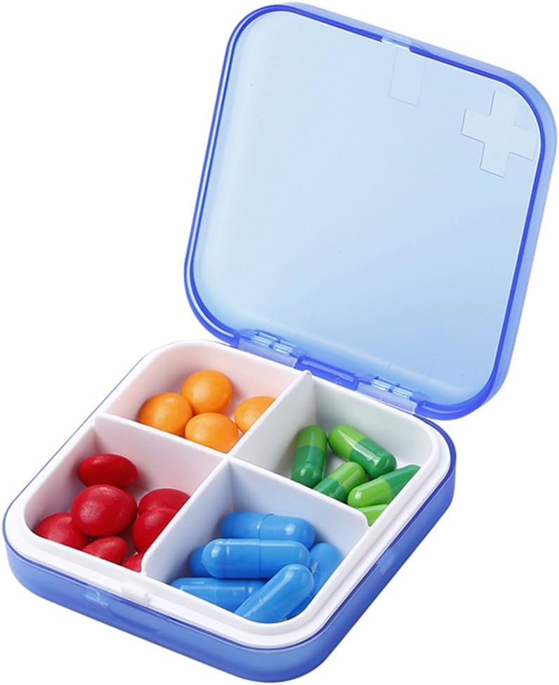Portable Pill Organizer - Slim Pill Box for Purse or Travel, Compact Pill Case(4 Compartment,Blue)