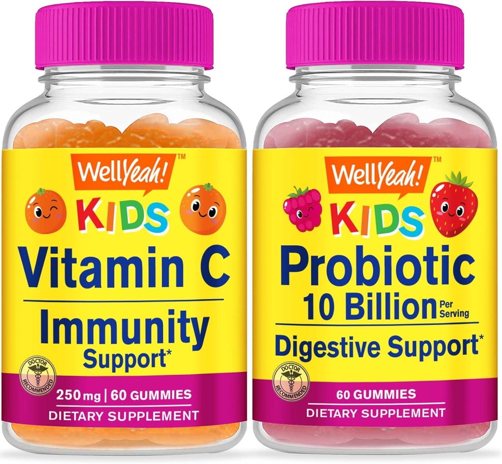 BuenoSí Vitamina C Niños + Probióticos 10B Niños, Gummies Bundle - Gran Tasting, Suplemento de Vitamina, Gluten Gratis, GMO Gratis, Chewable Gummy
