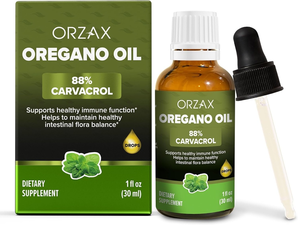 OrZAX Oregano gotas de aceite con aceite de oliva - 88% Carvacrol y 0.3% Thymol - Non-GMO &amp; Sugar-Free &amp; Gluten-Free &amp; Vegan - Suplemento herbal para el soporte y la salud digestiva - 30 ml - 200 Day Supply