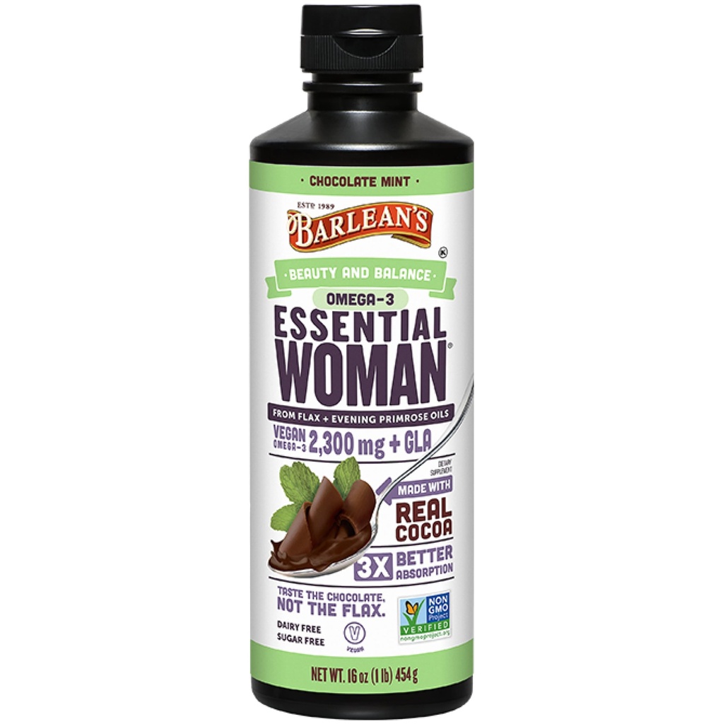 La mujer esencial de Barlean Chocolate Mint Liquid Suplemento de Flaxseed, Evening Primrose Oil &amp; Soy Isoflavones, Omega 3 6 9 y GLA, Hormonal Balance &amp; Healthy Hair and Skin, 16 oz