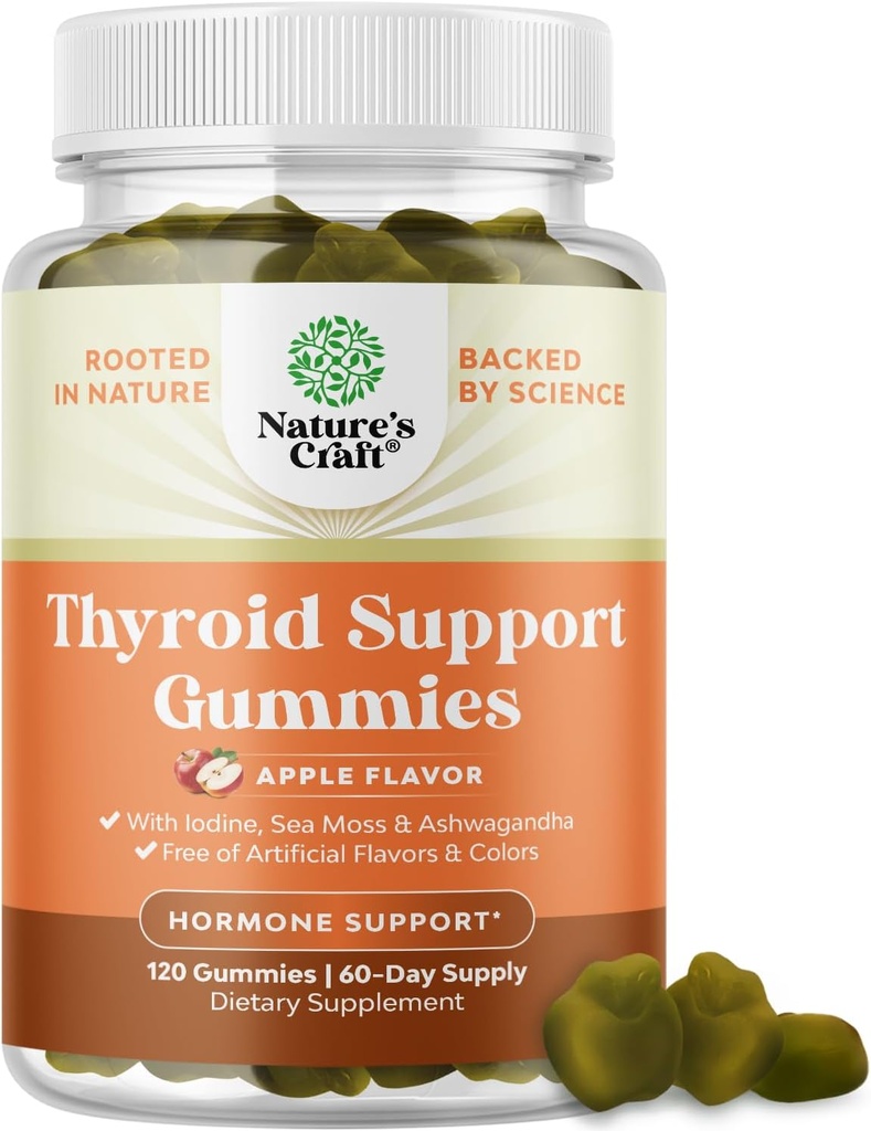 Naturalezas Artesanías de tiroides Vegan con musgo de mar - Tiroides de apoyo Gummies para soporte integral para hombres y mujeres con yodo Selenio y otras vitaminas Potente - Gelatina libre No GMO 120