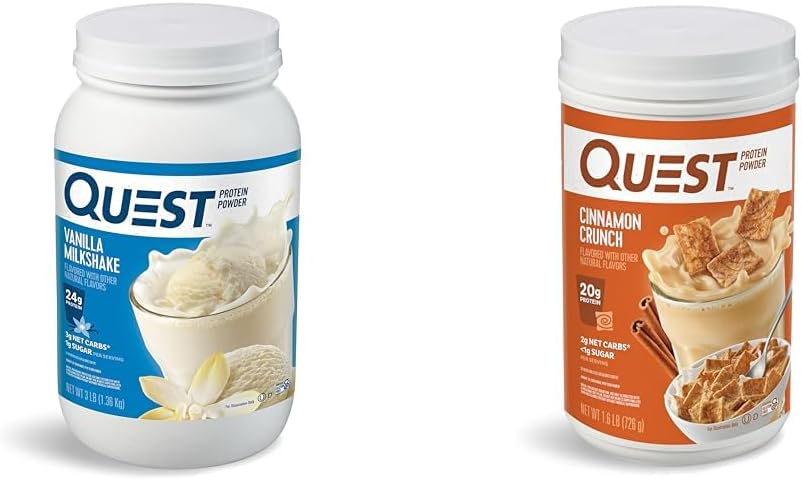 Quest Nutrition Vainilla Milkshake Protein Powder, 24g de Protein, 1g de Sugar, Low Carb, Gluten Free, 3 libras, 43 porciones " Cinnamon Crunch Protein Powder, 20g Protein, 2g Net Carb, 1g Sugar