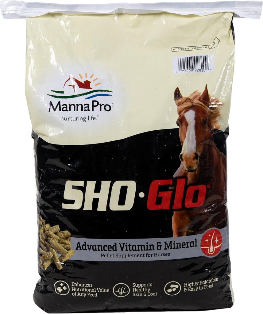 Sho-Glo Horse Vitamina &amp; Suplemento Mineral – Manna Pro – Suplemento Equino diario completo para la piel sana, la carne y los cascos – Fortificado con antioxidantes, ácidos aminoácidos " nutrientes esenciales – 25 lb Bag