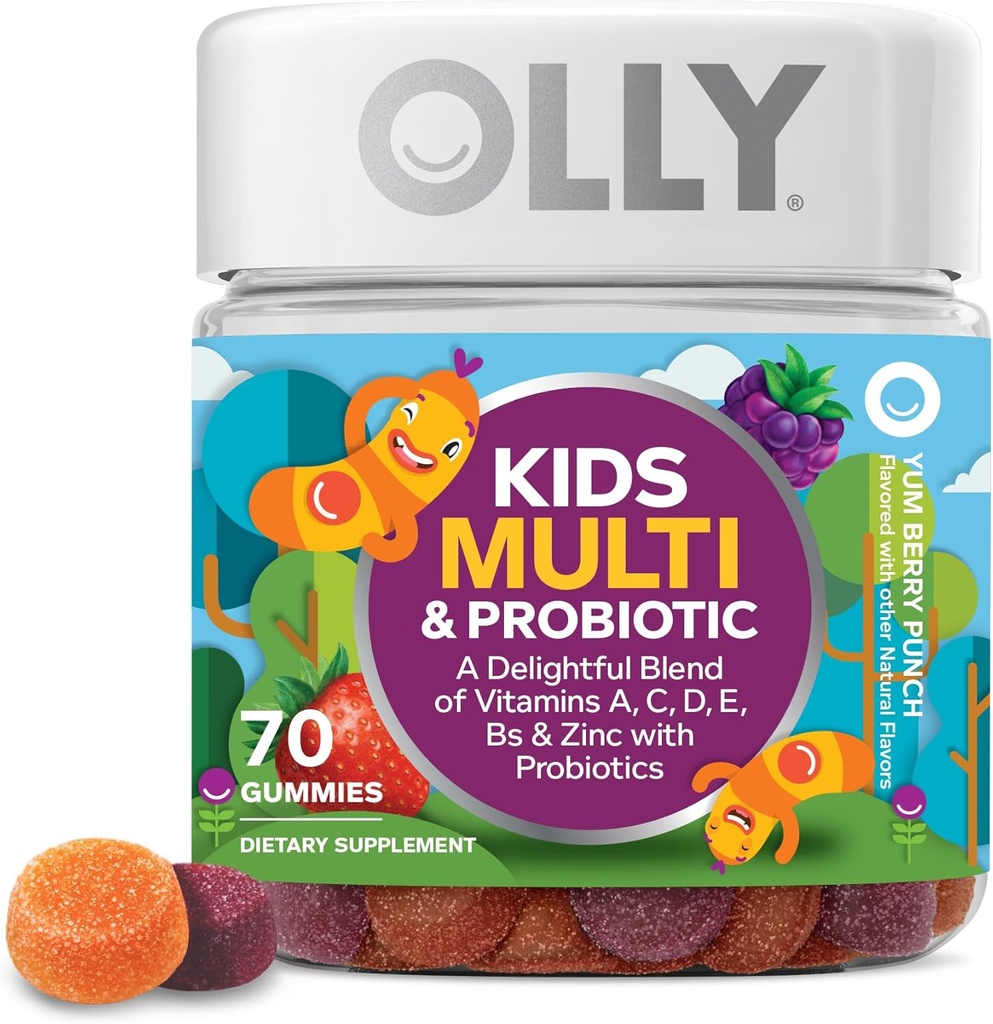 OLLY Kids Multivitamin &amp; Probiotic Gummy, Digestive Support, Vitaminas A, D, C, E, B, Zinc, Chewable Supplement, Berry Flavor, 35 Day Supply - 70 Count