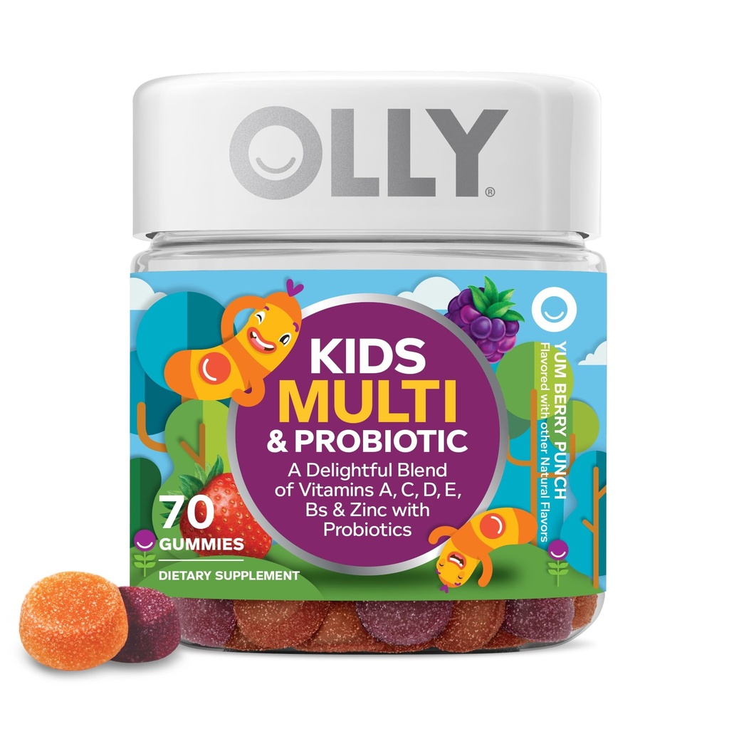 OLLY Kids Multivitamin &amp; Probiotic Gummy, Digestive Support, Vitaminas A, D, C, E, B, Zinc, Chewable Supplement, Berry Flavor, 35 Day Supply - 70 Count