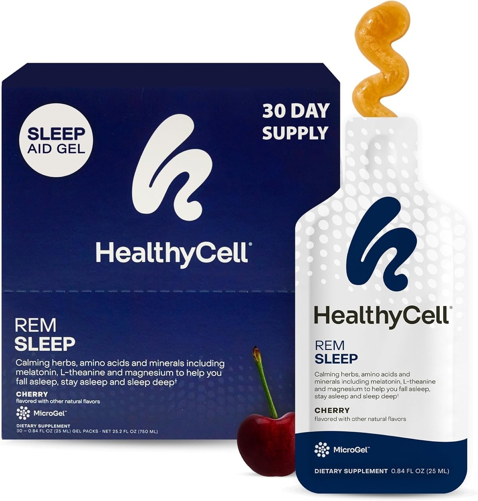 Suplemento de Ayuda para el sueño REM saludable para adultos - Gel líquido suplemento de sueño de fuerza extra con melatonina, magnesio, L-Theanine, GABA " Natural Calming Herbs - 30 Gel Packs, Cherry Flavored