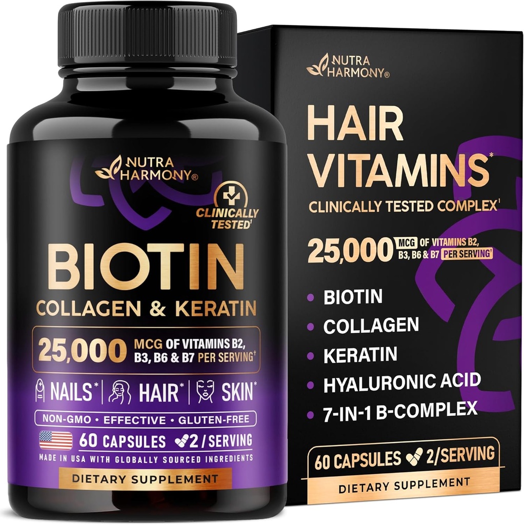 Biotina ¦ Collagen ← Ácido Hialurónico Silencioso Keratin - Suplemento Clínica - Apoyo para el crecimiento del cabello, Esquí y uñas - 25000 mcg Vitaminas B2, B3, B6 &amp; B7 + B1 - Hecho en EE.UU. - Mujeres &amp; Hombres