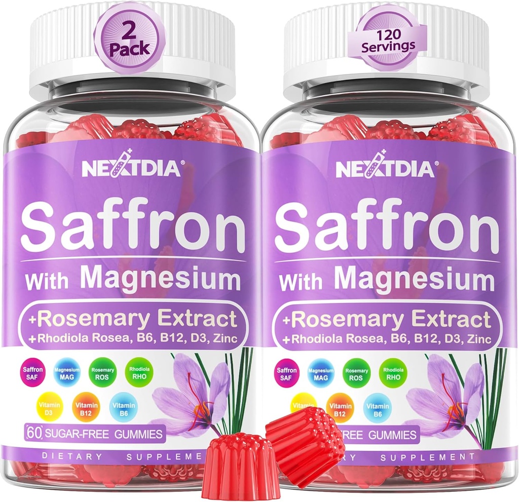 Saffron Supplements Gummies - 4 Months Supply - Saffron Extract 177mg 88.5mg, w/Magnesium Glycinate 400mg 200mg, Rhodiola Rosea, Rosemary, B6 B12 D3 for Calm, Nerve, Rest, Focus, Sugar-Free, 2 Pack