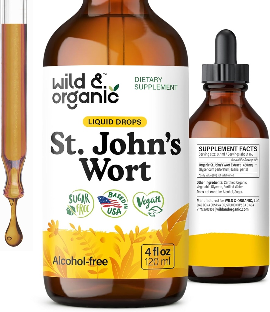 Wild & Organic St Johns Wort Tincture - Mood Support - Calming St John's Wort Suplemento - Hypericum Perforatum Herbal Liquid Drops - Vegan, Azúcar &amp; Alcohol Gratis - 4 fl oz